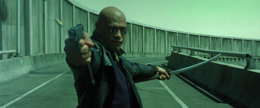 Morpheus Makes His Stand on the Freeway with a Gun and a Sword